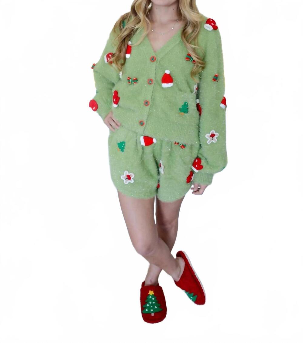 NEW QUEEN OF SPARKLES fuzzy knit christmas icon short in green